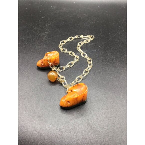 Vintage Bakelite Shoes Charms Necklace Celluloid Chain Link with Shoes and Ball - Picture 6 of 7